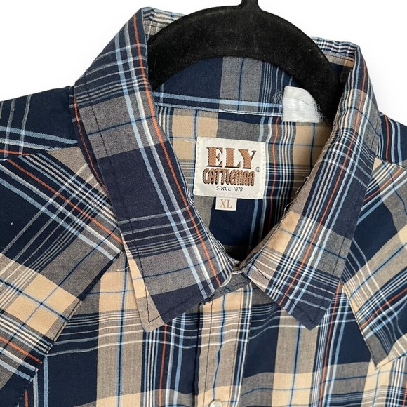 Vintage Ely Cattleman Blue Tan Plaid XL Long Sleeve Western Pearl Snap Shirt - Picture 3 of 3